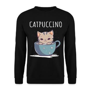 Catpuccino Katze in Kaffee-Tasse - Unisex Pullover - Schwarz - Vorne - Alina (178cm) & Michal (187cm)