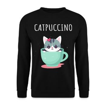 Catpuccino Katze in Kaffee-Tasse - Unisex Pullover - Schwarz - Vorne - Alina (178cm) & Michal (187cm)