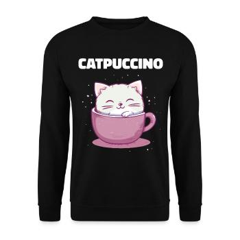 Catpuccino Katze in Kaffee-Tasse - Unisex Pullover - Schwarz - Vorne - Alina (178cm) & Michal (187cm)