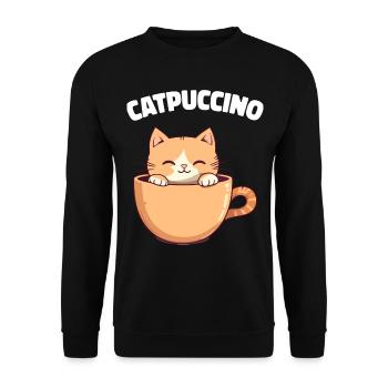 Catpuccino Katze in Kaffee-Tasse - Unisex Pullover - Schwarz - Vorne - Alina (178cm) & Michal (187cm)