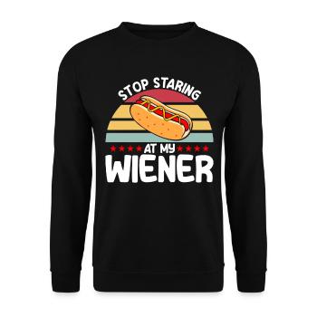 Stop staring at my sausage Hot Dog Geschen - Unisex Sweatshirt - black - Front - Alina (178cm) & Michal (187cm)