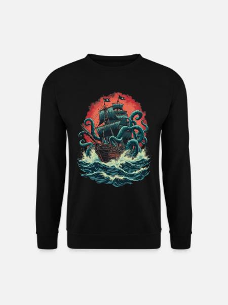Piratenschiff Kraken Ozean Schlacht Riesiges Seeungeheuer - Unisex Pullover - Schwarz
