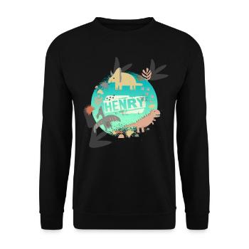 HENRY - Beautiful boy name with cute dinosaurs - Unisex Sweatshirt - black - Front - Alina (178cm) & Michal (187cm)