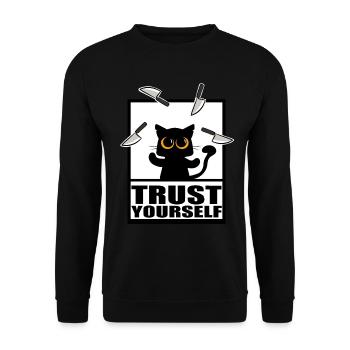 Lustige Katze mit Messern Shirt Sticker - Unisex Pullover - Schwarz - Vorne - Alina (178cm) & Michal (187cm)