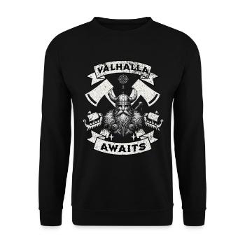 Valhalla Awaits – Wikinger Krieger Design - Unisex Pullover - Schwarz - Vorne - Alina (178cm) & Michal (187cm)