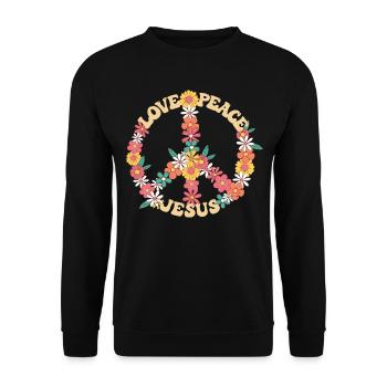 Liebe Frieden Jesus Christia groovy Hippie 70er Jahre Design - Unisex Pullover - Schwarz - Vorne - Alina (178cm) & Michal (187cm)