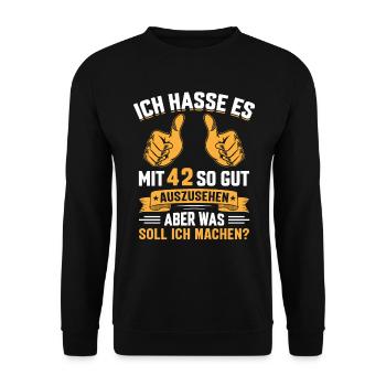 42. Geburtstag Mann Frau 42 Jahre - Unisex Pullover - Schwarz - Vorne - Alina (178cm) & Michal (187cm)