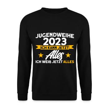 Jugendweihe 2023 Ich Kann Jetzt Alles Ich Weiß Jet - Unisex Pullover - Schwarz - Vorne - Alina (178cm) & Michal (187cm)