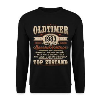 Oldtimer Baujahr 1983 Jahrgang Geburtstag Geschenk - Unisex Pullover - Schwarz - Vorne - Alina (178cm) & Michal (187cm)