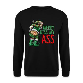 Merry Kiss My Ass Anti Weihnachten Spruch Geschenk - Unisex Pullover - Schwarz - Vorne - Alina (178cm) & Michal (187cm)