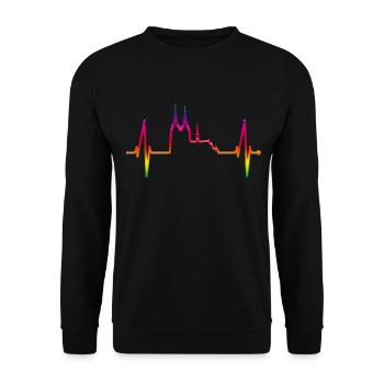 Köln Herzschlag Skyline Kölner Dom LGBT Regenbogen - Unisex Pullover - Schwarz - Vorne - Alina (178cm) & Michal (187cm)