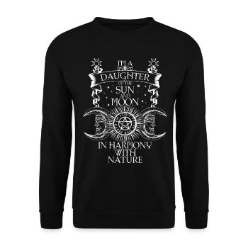 Harmonie mit Sonnen-, Mondmotiven - Unisex Pullover - Schwarz - Vorne - Alina (178cm) & Michal (187cm)