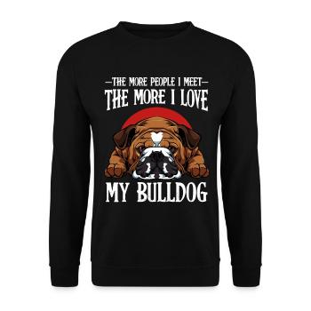 Bulldog-Liebe: Mehr Menschen, Mehr Liebe - Unisex Pullover - Schwarz - Vorne - Alina (178cm) & Michal (187cm)