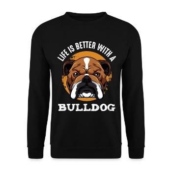 Bulldog Lebensfreude Shirtmotiv - Unisex Pullover - Schwarz - Vorne - Alina (178cm) & Michal (187cm)