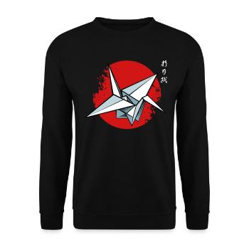 Origami Kranich über rotem Kreis - Unisex Pullover - Schwarz - Vorne - Alina (178cm) & Michal (187cm)