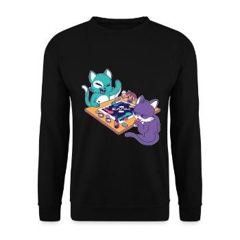 Katzen-Gamer Battle - Unisex Pullover - Schwarz - Vorne - Alina (178cm) & Michal (187cm)