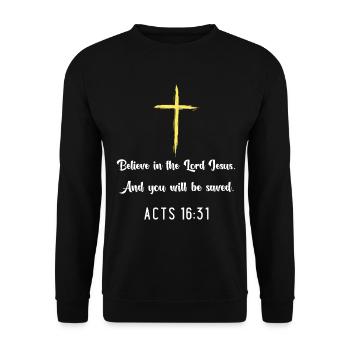 Cross of Faith: Acts 16:31 Quote Tee - Unisex Sweatshirt - black - Front - Alina (178cm) & Michal (187cm)