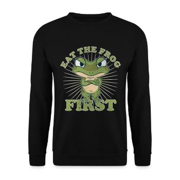 "Eat The Frog First" Vintage Comic Zeitmanagement - Unisex Pullover - Schwarz - Vorne - Alina (178cm) & Michal (187cm)