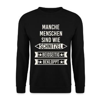 Menschen sind wie Schnitzel - beidseitig bekloppt - Unisex Pullover - Schwarz - Vorne - Alina (178cm) & Michal (187cm)