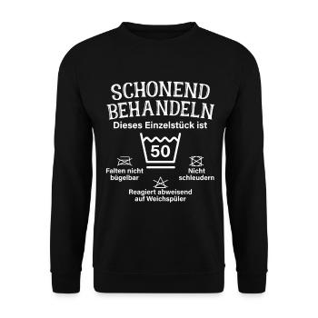 Schonend Behandeln Fünfzig Geschenk 50. Geburtstag - Unisex Pullover - Schwarz - Vorne - Alina (178cm) & Michal (187cm)