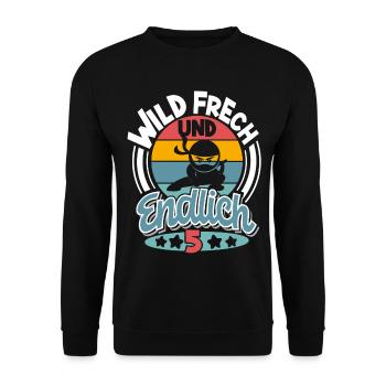 Ninja 5. Jahre Geburtstag Kinder - Unisex Pullover - Schwarz - Vorne - Alina (178cm) & Michal (187cm)