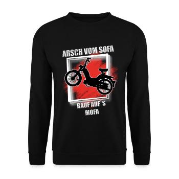 Arsch vom Sofa rauf aufs mofa - Unisex Pullover - Schwarz - Vorne - Alina (178cm) & Michal (187cm)