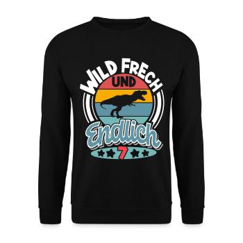 Dinosaurier 7. Geburtstag Kinder T-Rex - Unisex Pullover - Schwarz - Vorne - Alina (178cm) & Michal (187cm)