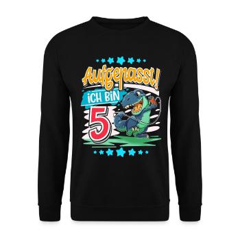 5. Geburtstag 5 Jahre Dinosaurier T Rex - Unisex Pullover - Schwarz - Vorne - Alina (178cm) & Michal (187cm)