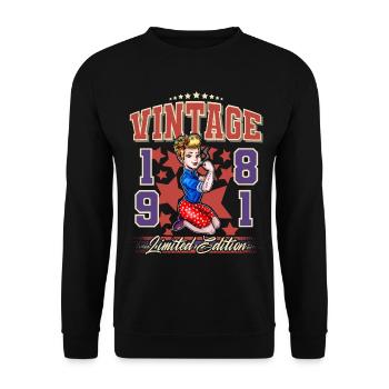 1981 Année de naissance Anniversaire Vintage Rockabilly - Sweat-shirt Unisexe - noir - Devant - Alina (178cm) & Michal (187cm)