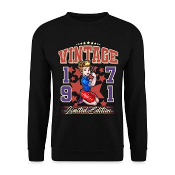 1971 Année de naissance Anniversaire Vintage Rockabilly - Sweat-shirt Unisexe - noir - Devant - Alina (178cm) & Michal (187cm)