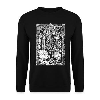 Wikinger Tafel mit Wölfen und Raben - Unisex Pullover - Schwarz - Vorne - Alina (178cm) & Michal (187cm)
