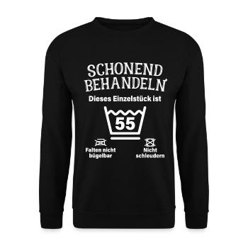 Schonend Behandeln 55. Geburtstag Einzelstück 55 - Unisex Pullover - Schwarz - Vorne - Alina (178cm) & Michal (187cm)
