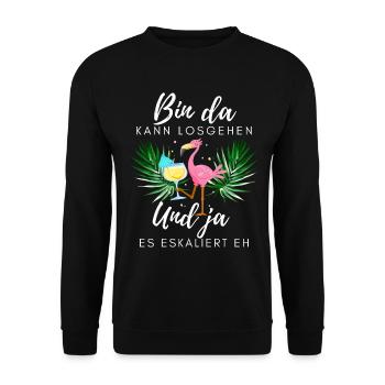 Flamingo bin da kann losgehen ja es eskaliert eh - Unisex Pullover - Schwarz - Vorne - Alina (178cm) & Michal (187cm)