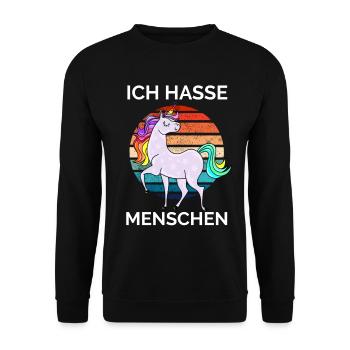buntes Einhorn - Ich hasse Menschen - Unisex Pullover - Schwarz - Vorne - Alina (178cm) & Michal (187cm)