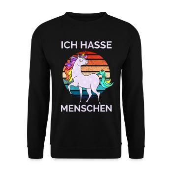 Ich hasse Menschen Einhorn Retro - Unisex Pullover - Schwarz - Vorne - Alina (178cm) & Michal (187cm)