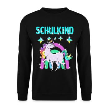 Schulkind Glitzer Einhorn mit Regenbogen - Unisex Pullover - Schwarz - Vorne - Alina (178cm) & Michal (187cm)