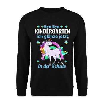 Bye Bye Kindergarten Glitzer Einhorn Einschulung - Unisex Pullover - Schwarz - Vorne - Alina (178cm) & Michal (187cm)