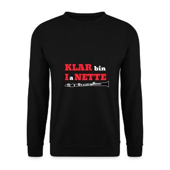 KLAR bin I a NETTE Klarinette Wortspiel - Unisex Pullover - Schwarz - Vorne - Alina (178cm) & Michal (187cm)
