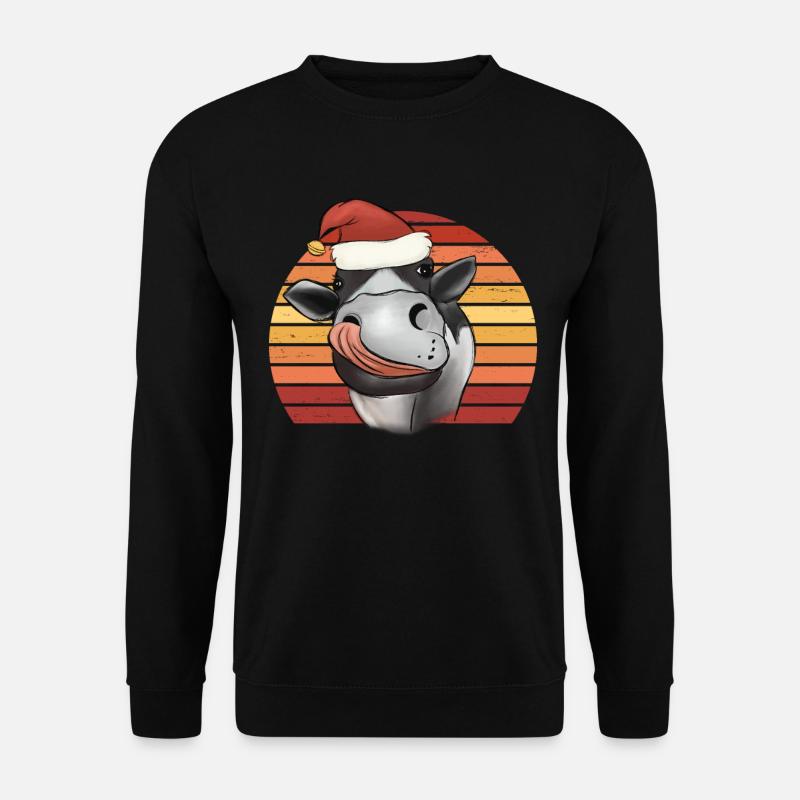 Weihnachtskuh Kuh mit Weihnachtsmütze Retro - Unisex Pullover - Schwarz