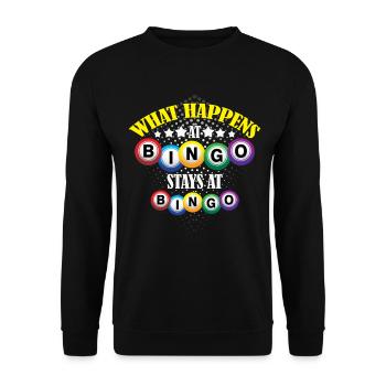 Lustiges What happens at Bingo Spruch Motiv - Unisex Pullover - Schwarz - Vorne - Alina (178cm) & Michal (187cm)