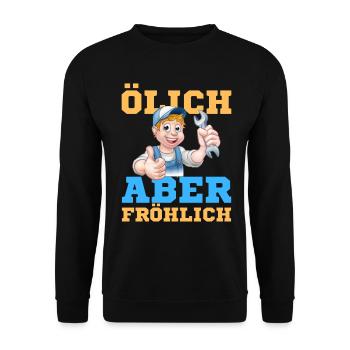 Fröhlicher Schrauber Werkstatt-Design - Unisex Pullover - Schwarz - Vorne - Alina (178cm) & Michal (187cm)