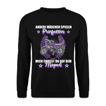Moped Mopedfahrerin Mofa Retro Zweitakt Kleidung - Unisex Pullover - Schwarz - Vorne - Alina (178cm) & Michal (187cm)