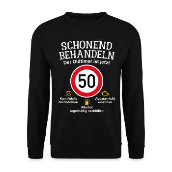 50. Geburtstag Schonend Behandeln Oldtimer Ist 50 - Unisex Pullover - Schwarz - Vorne - Alina (178cm) & Michal (187cm)