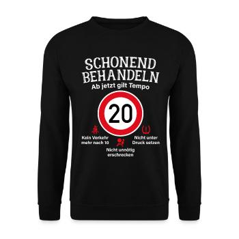 20. Geburtstag Schonend Behandeln 20 Tempolimit 20 - Unisex Pullover - Schwarz - Vorne - Alina (178cm) & Michal (187cm)