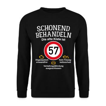 57. Geburtstag Schonend Behandeln 57 Alte Kiste 57 - Unisex Pullover - Schwarz - Vorne - Alina (178cm) & Michal (187cm)