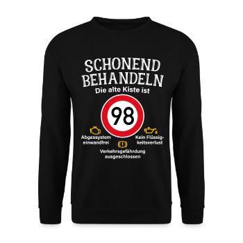 98. Geburtstag Schonend Behandeln 98 Alte Kiste 98 - Unisex Pullover - Schwarz - Vorne - Alina (178cm) & Michal (187cm)