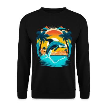 Springender Delphin im Sonnenuntergang - Unisex Pullover - Schwarz - Vorne - Alina (178cm) & Michal (187cm)