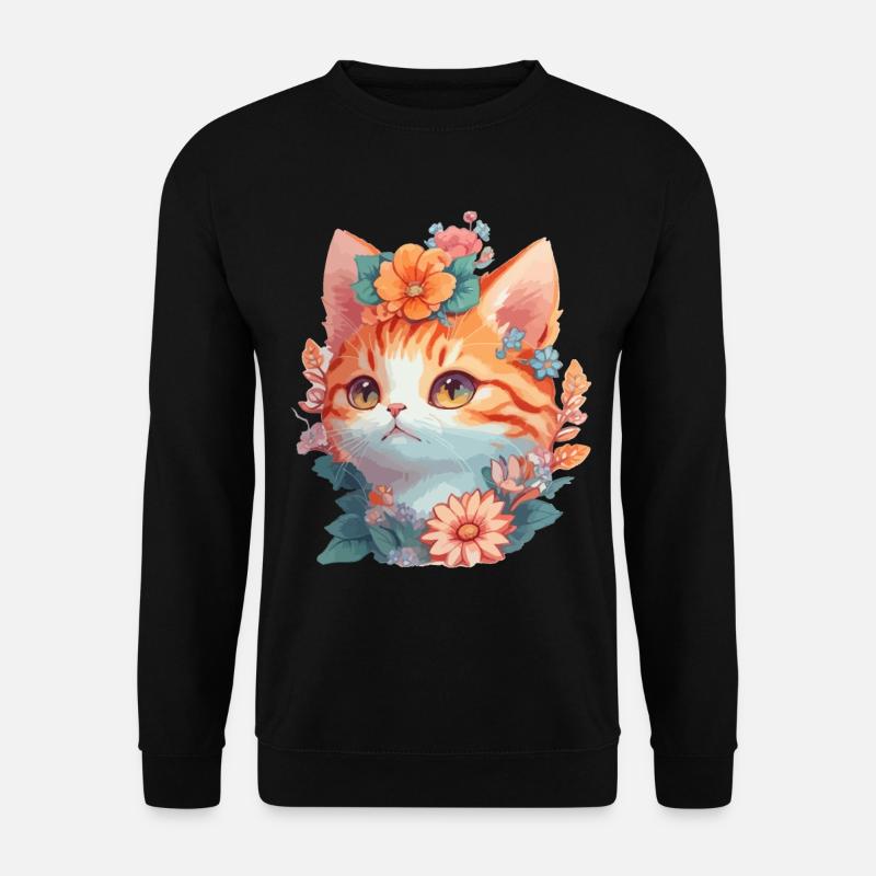 Rote Katze mit Blumen - Unisex Pullover - Schwarz
