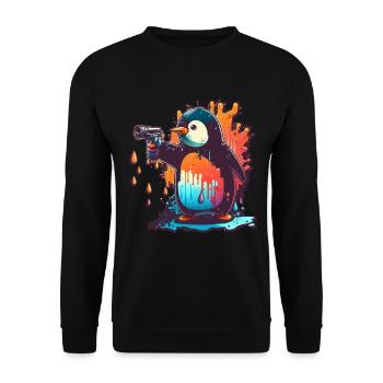 Pinguin mit gezogenem Kolt - Unisex Pullover - Schwarz - Vorne - Alina (178cm) & Michal (187cm)