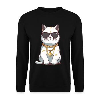 Coole Katze mit Sonnenbrille und Goldkette - Unisex Pullover - Schwarz - Vorne - Alina (178cm) & Michal (187cm)